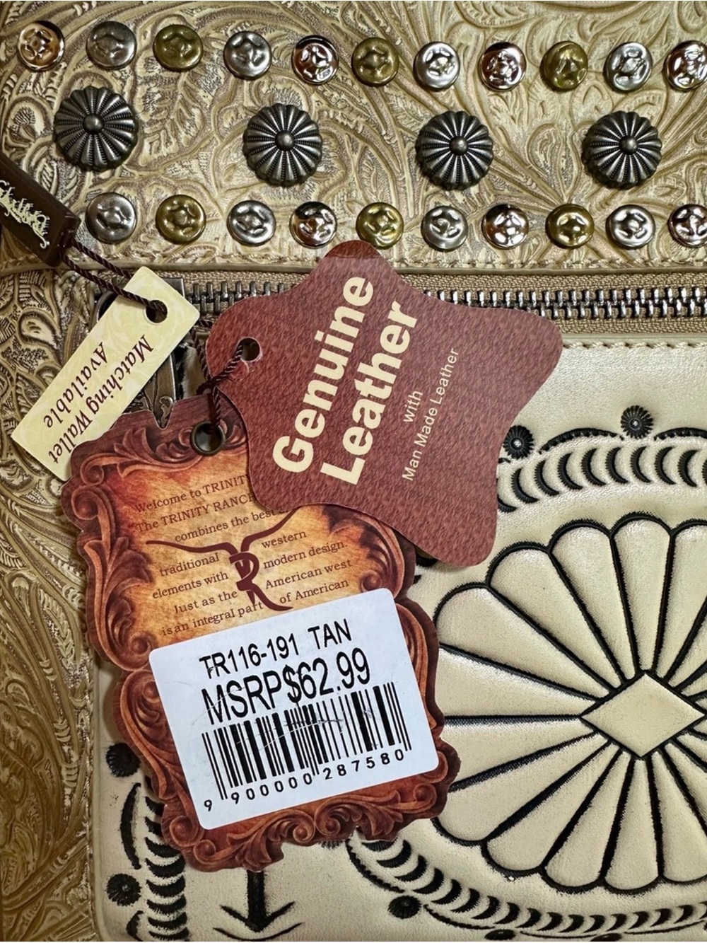 Trinity Ranch Western Boho Embossed Crossbody Bag in Tan with Tri Colored Studs - Picture 4 of 12